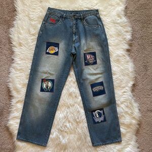 Vintage NBA UNK Men’s Patchwork Denim Blue Jeans Sz 34x32 Oversized Baggy Street